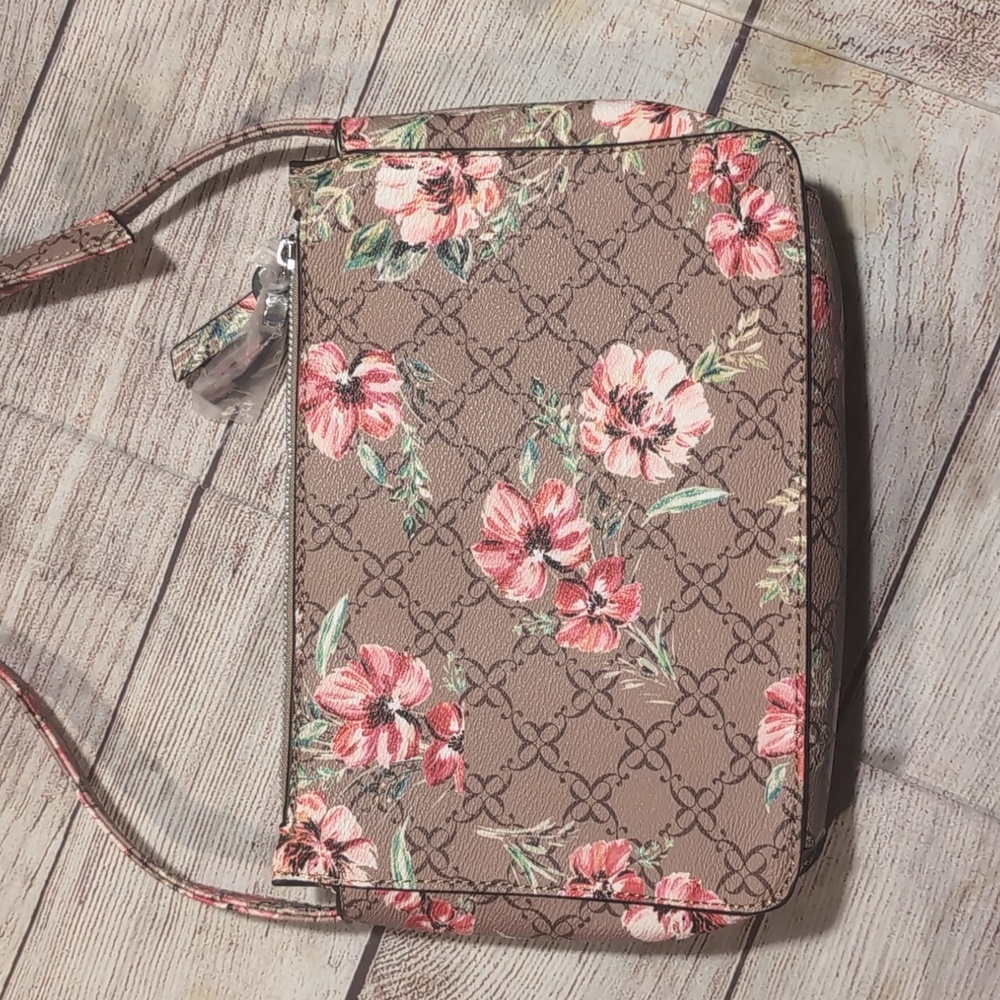 Nine West Coated Canvas Ligh Brown With Pink Floral Pattern Crossbody Bag - Picture 5 of 16